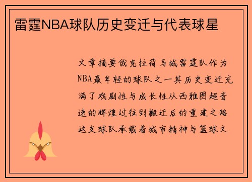 雷霆NBA球队历史变迁与代表球星