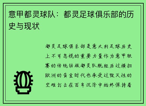 意甲都灵球队：都灵足球俱乐部的历史与现状