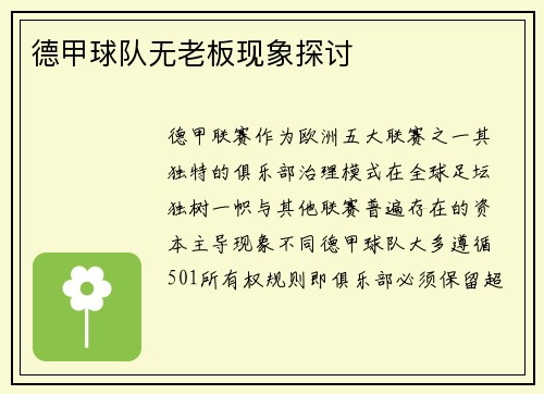 德甲球队无老板现象探讨